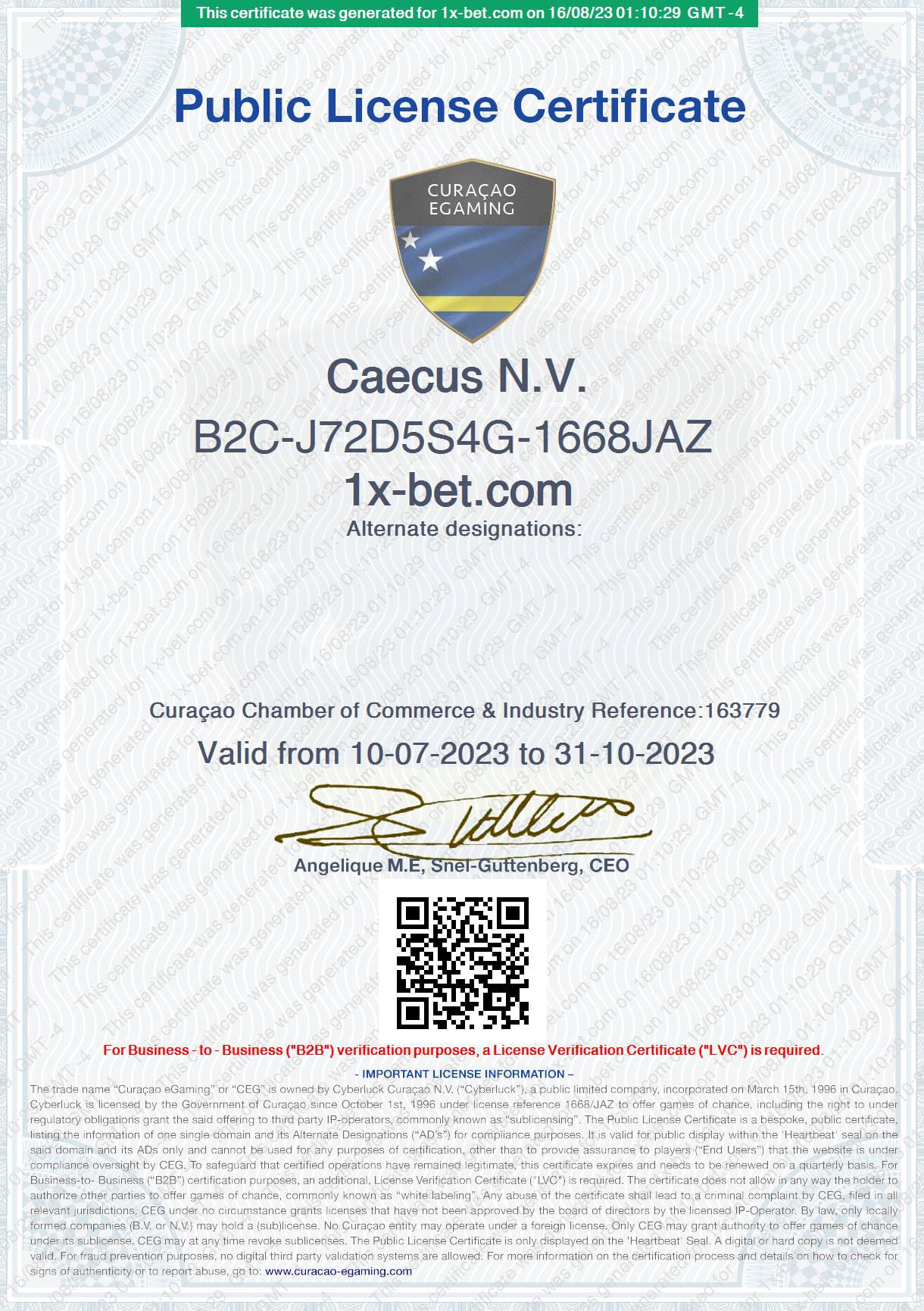 Certificado de Licença de eGaming de Curaçao do 1xbet Casino Online