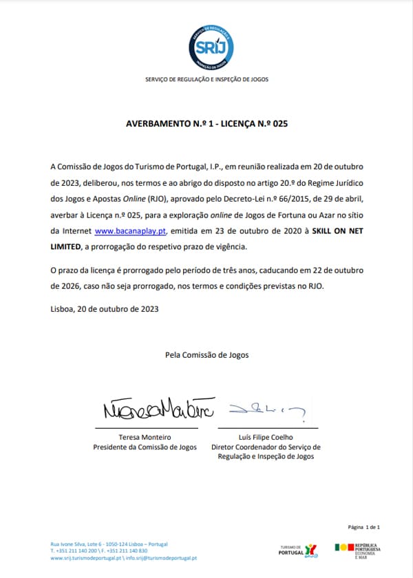 Certificado de Licença SRIJ do BacanaPlay Casino Online