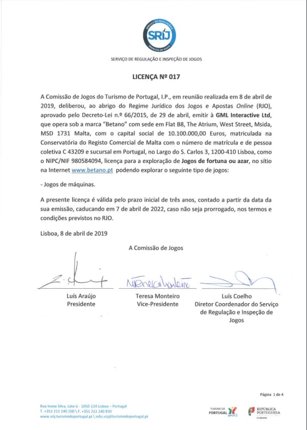 Certificado de Licença SRIJ do Betano Casino Online