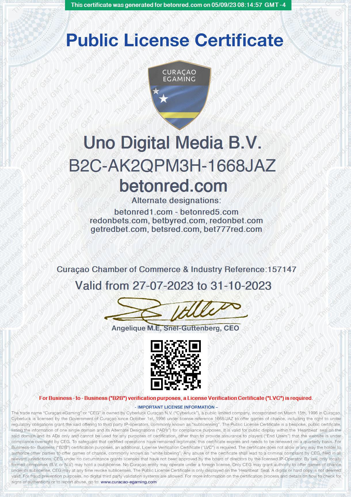 Certificado de Licença de Curaçao do Bet On Red Casino Online