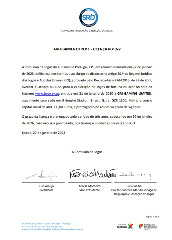 Certificado de Licença SRIJ do Betway.PT Casino Online