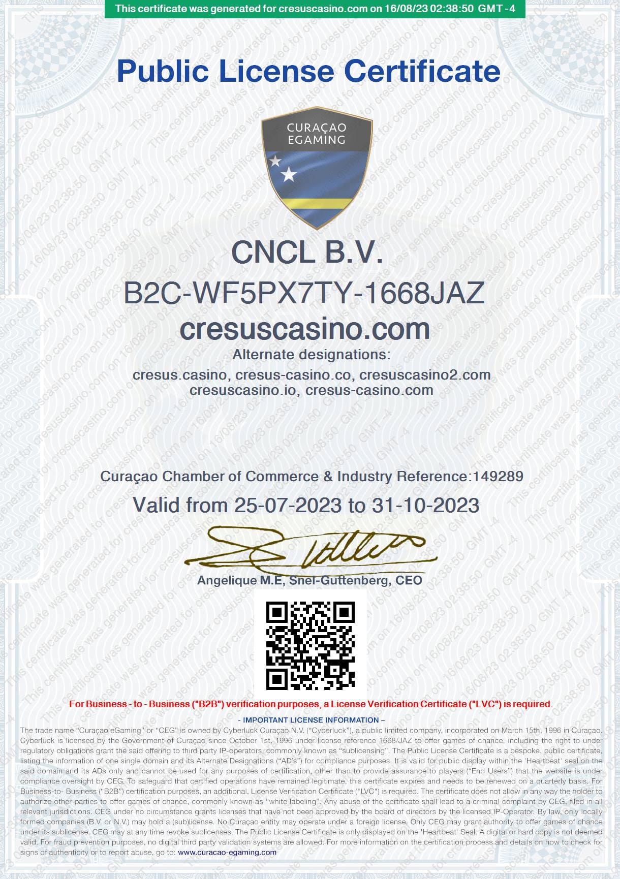 Certificado de Licença de eGaming de Curaçao do Cresus Casino Online