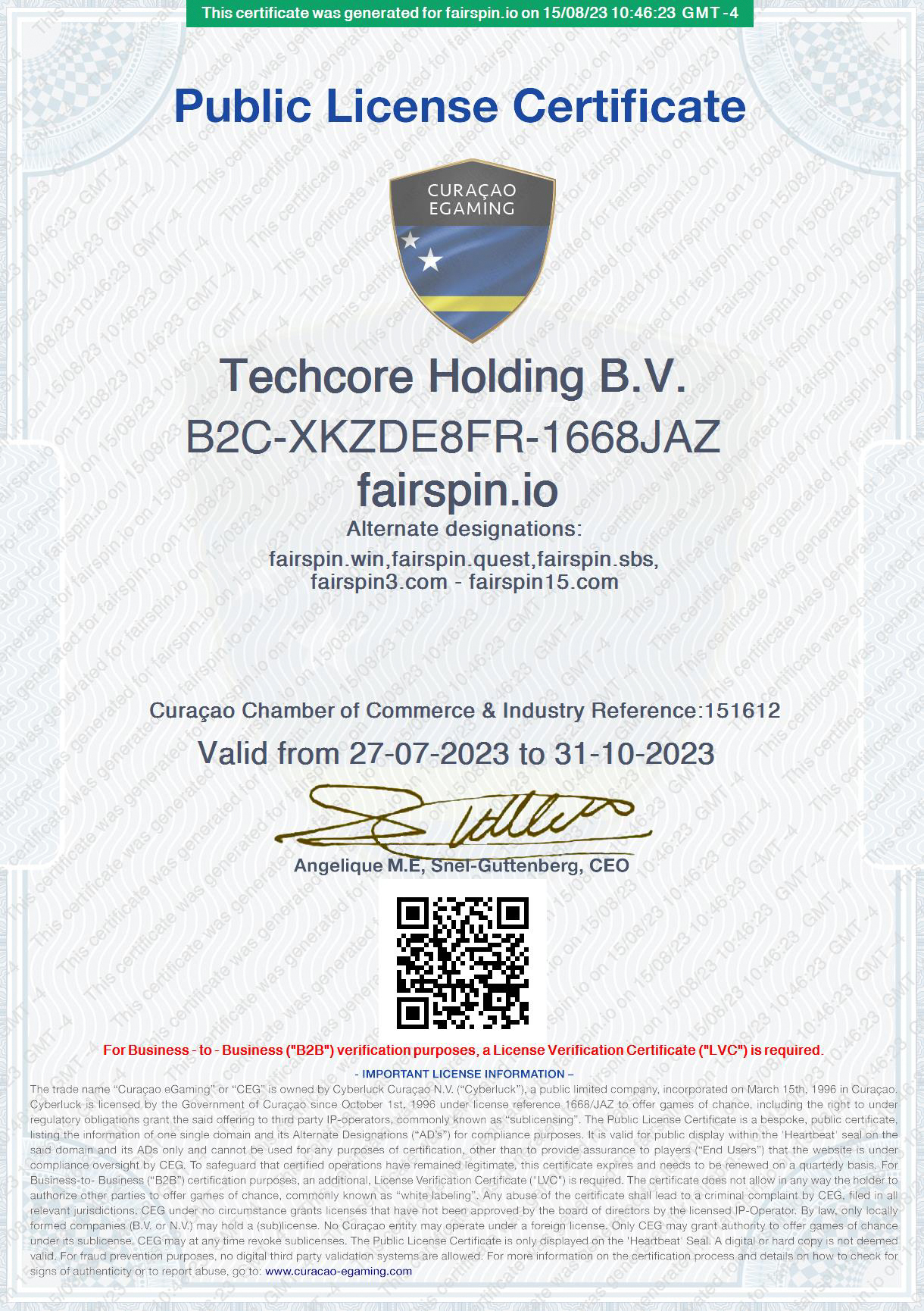 Certificado de Licença de eGaming de Curaçao do Fairspin Casino Online