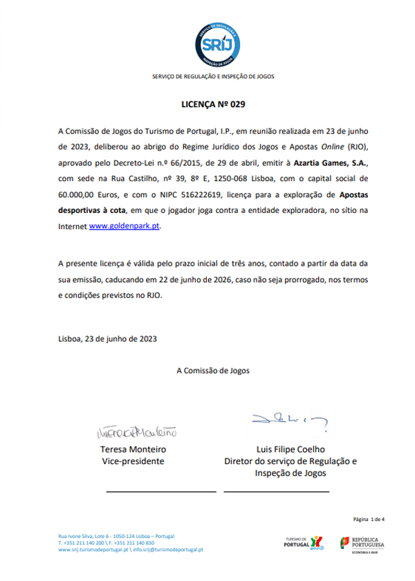 Certificado de Licença SRIJ do goldenpark Casino Online