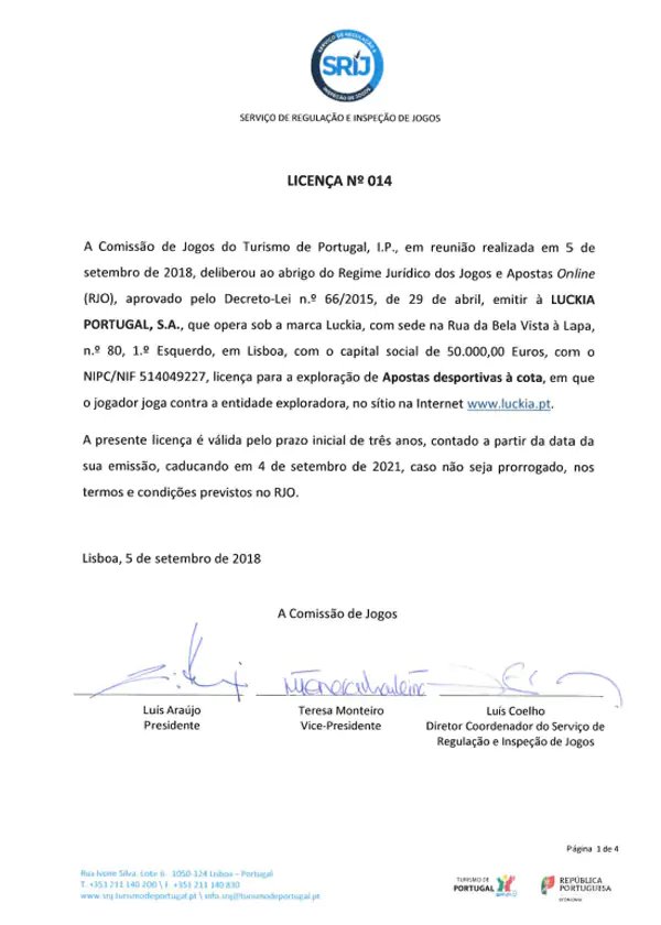 Certificado de Licença SRIJ do Luckia Casino Online