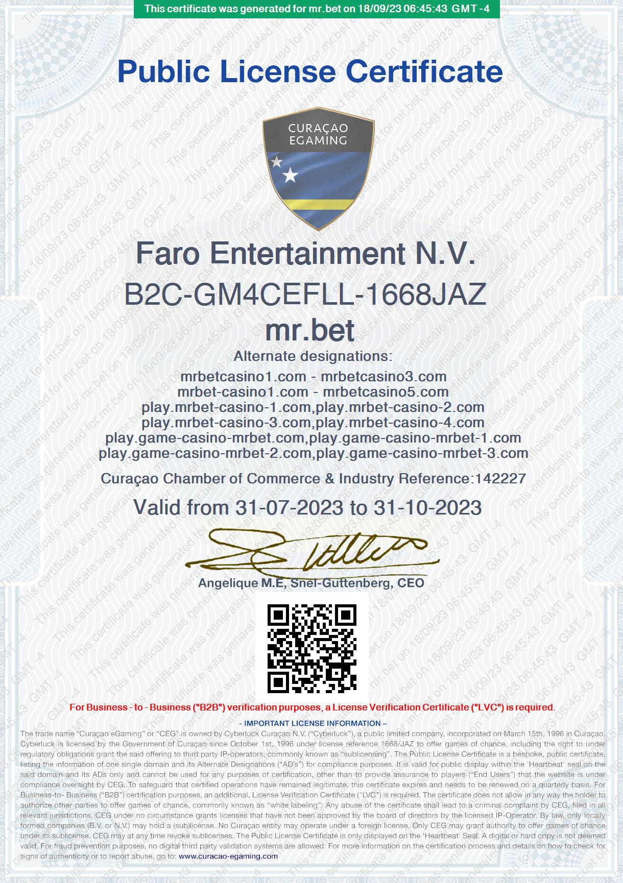 Certificado de Licença de eGaming de Curaçao do Mr Bet Casino Online