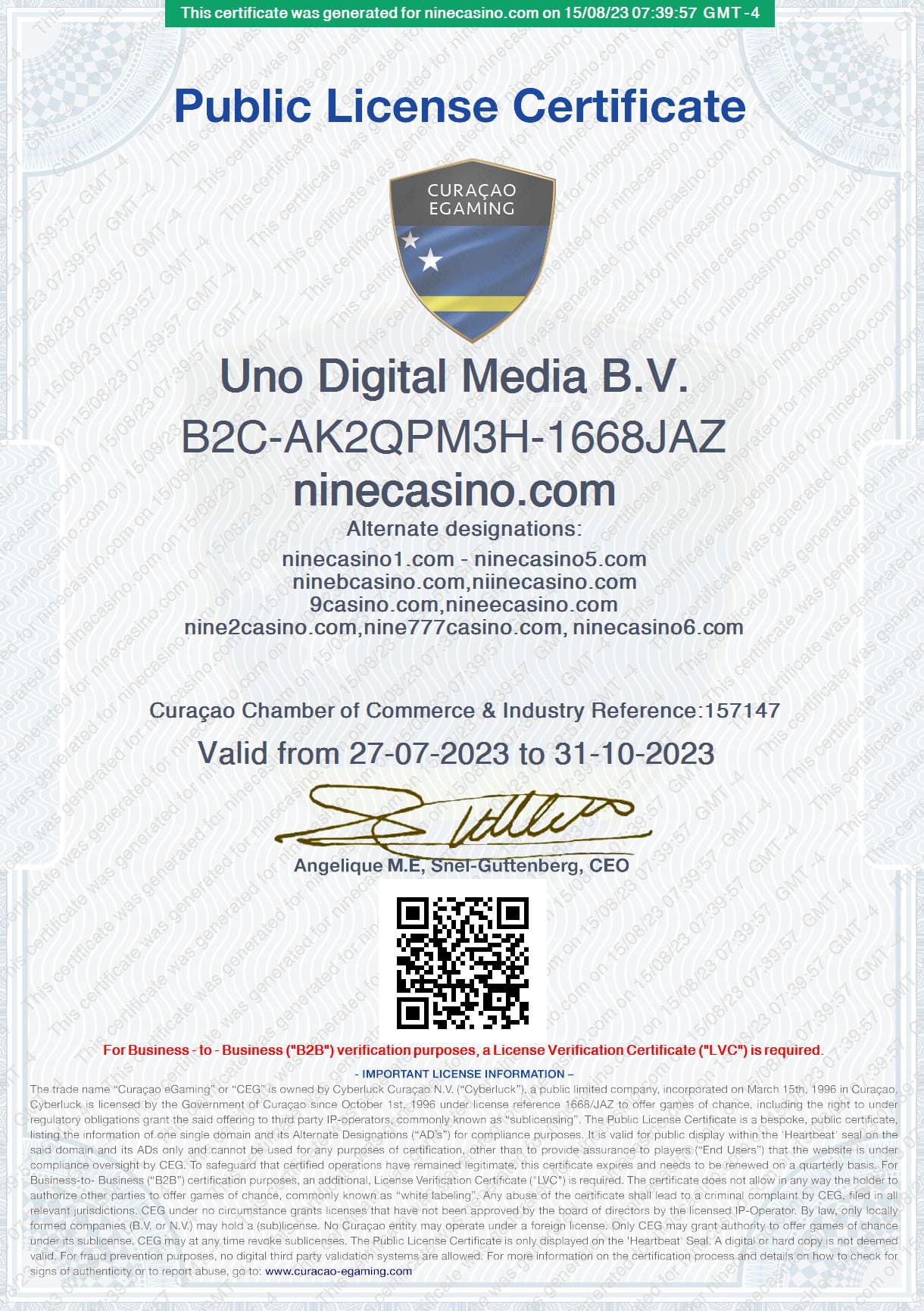 Certificado de Licença de eGaming de Curaçao do Nine Casino Online