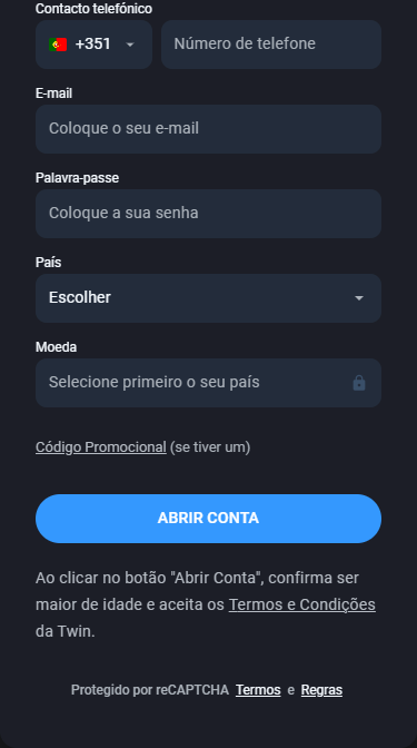 Formulário de registo do Twin Casa de Apostas