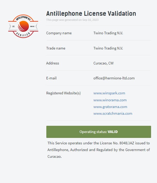 Certificado de Licença de Curaçao do Winspark Casino Online