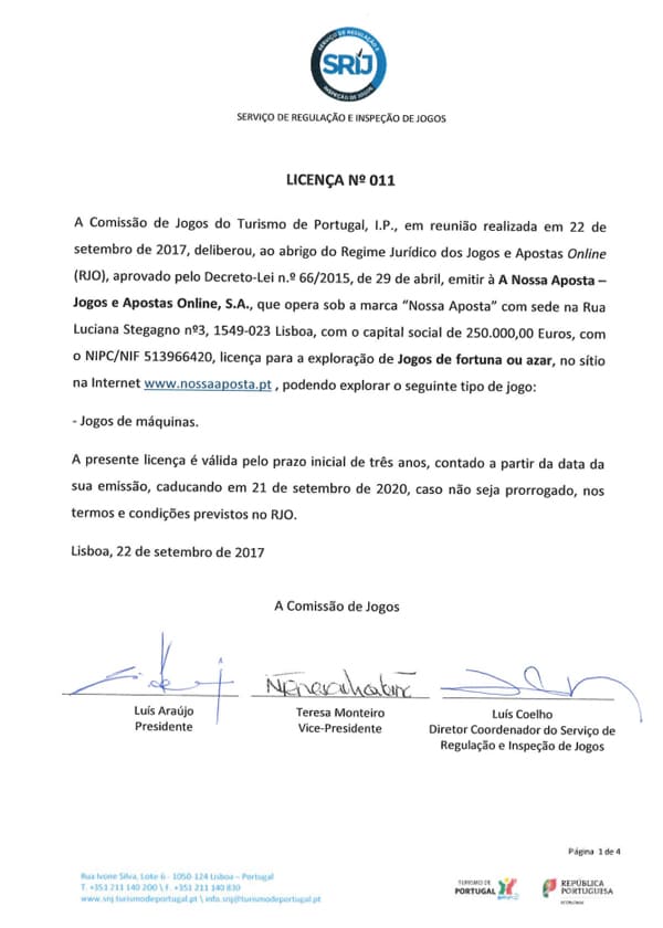 Certificado de Licença SRIJ do NossaAposta Casino Online